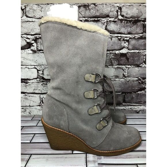 Cole Haan Waterproof Gray Suede Shearling Wedge Comfort Winter Boots Women Sz 9B - Picture 6 of 16